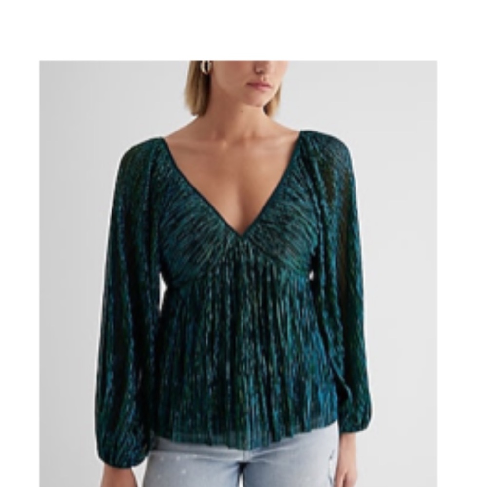 Metallic V-Neck Balloon Sleeve Ruched Peplum Top - Never Worn